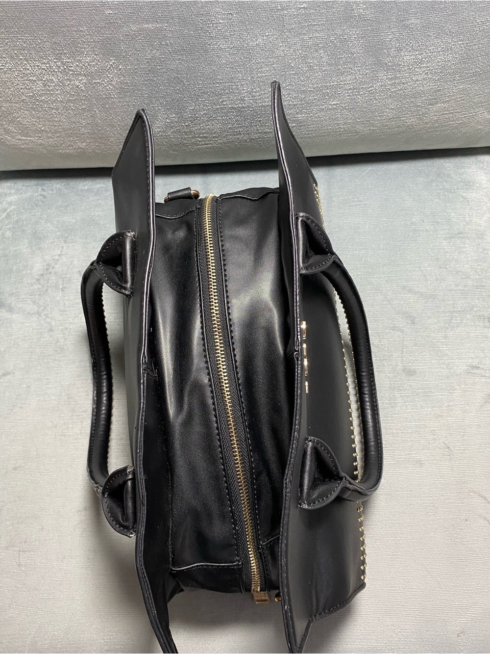 BCBG Paris Black Satchel with Gold Stud Accents, dual handles, EUC - Picture 7 of 17